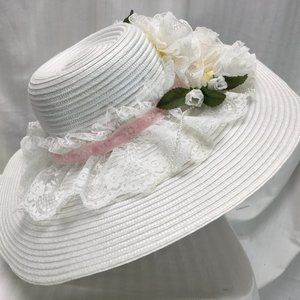 White Straw Sun Hat with Lace & Flowers